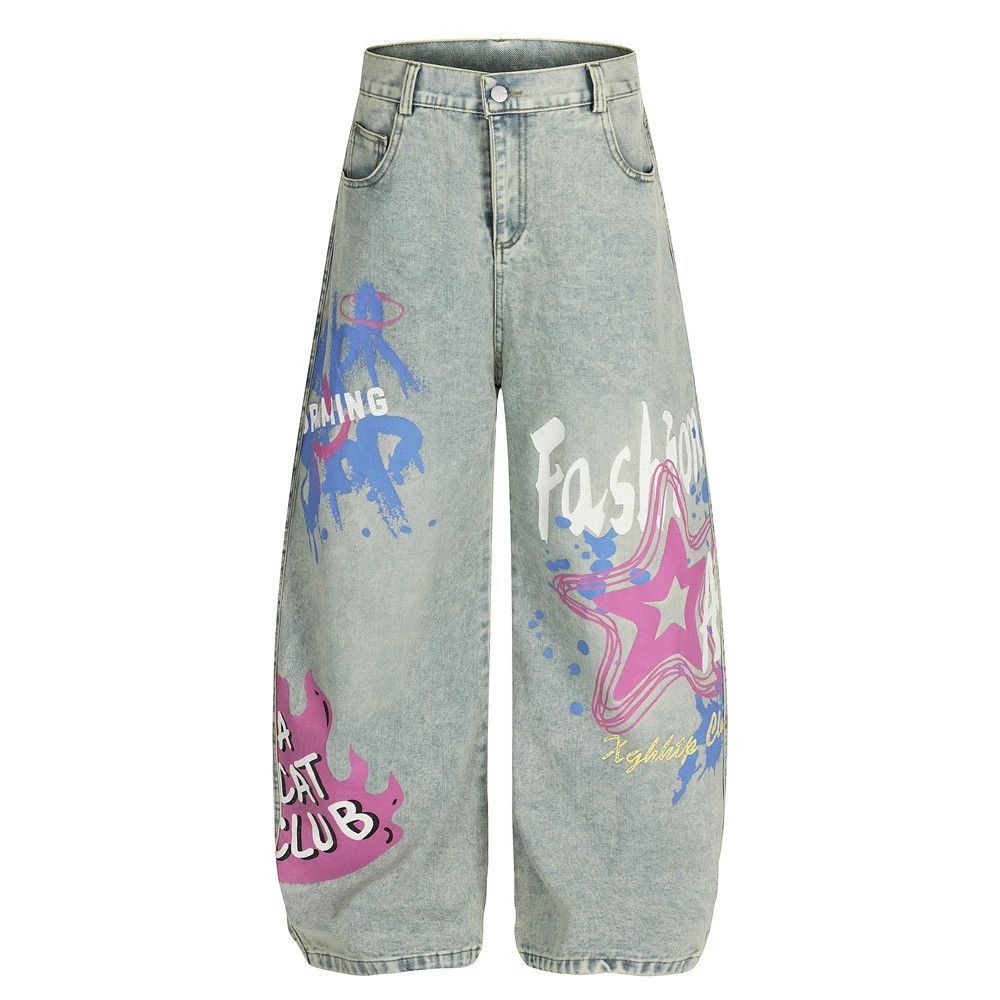 Men's loose punk washed distressed graffiti scimitar jeans