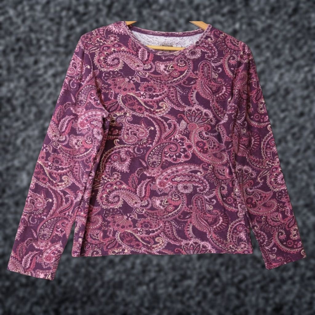 Vintage St. John's Bay Shirt Womens L Wine Floral Pullover Stretch Long Sleeve Tee Regular Casual 100% Cotton Vintage No Size L / US 10 / IT 46 - 1 Thumbnail