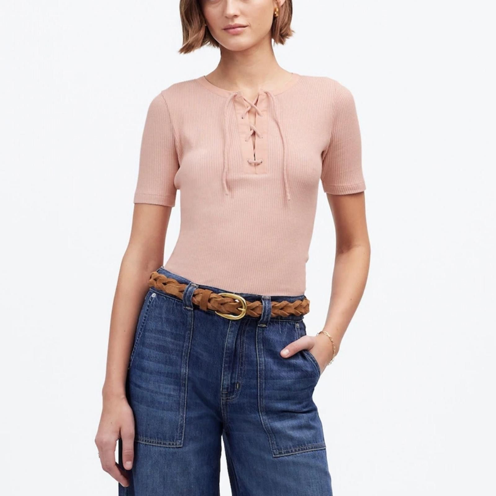 Madewell Madewell Ribbed Lace-Up Short-Sleeve Tee Size S / US 4 / IT 40 - 1 Thumbnail