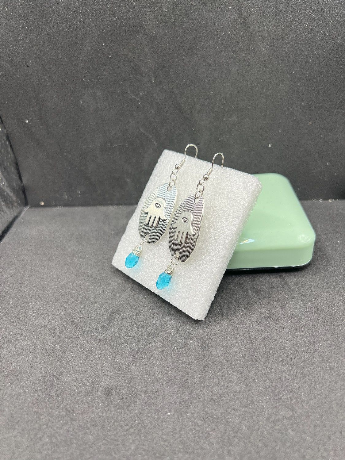 Handmade Hamsa Hand Dangle Earrings with Crystal Bead Size ONE SIZE - 2 Thumbnail