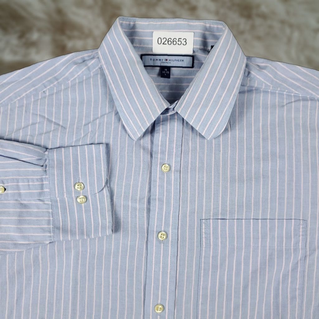 Tommy Hilfiger Tommy Hilfiger Blue Striped Button-Up Shirt Men's Large Long Sleeve Casual Size US L / EU 52-54 / 3 - 1 Thumbnail