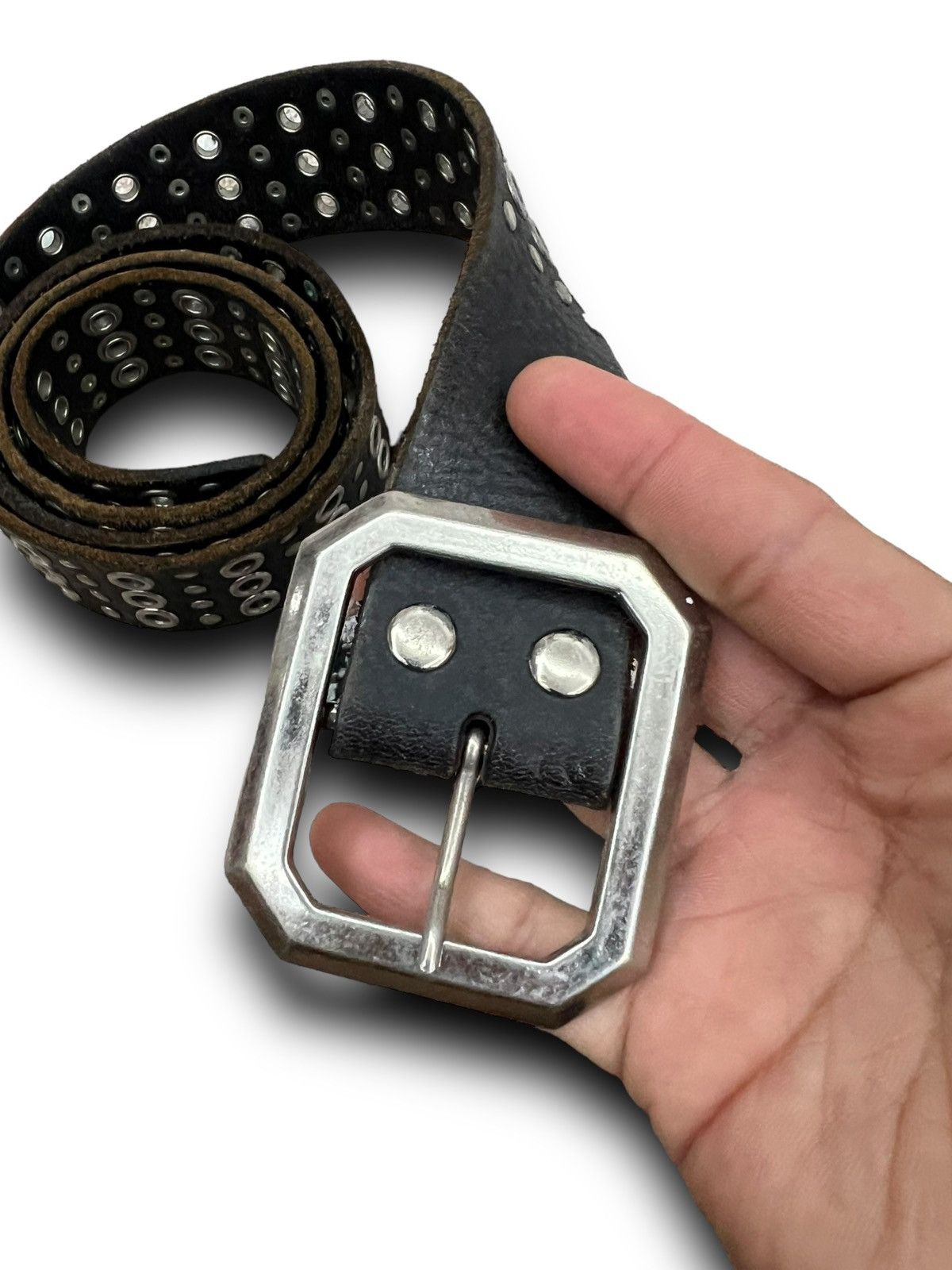 00s archive PPFM Leather Studded Belt Handmade Black Leather