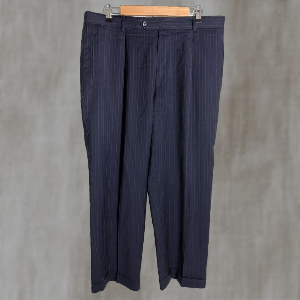 Vintage Hugo BOSS Wool Pleated Pants Mens 36x28 Black Blue Pinstripe Cuff Dress Pants Size US 36 / EU 52 - 1 Thumbnail