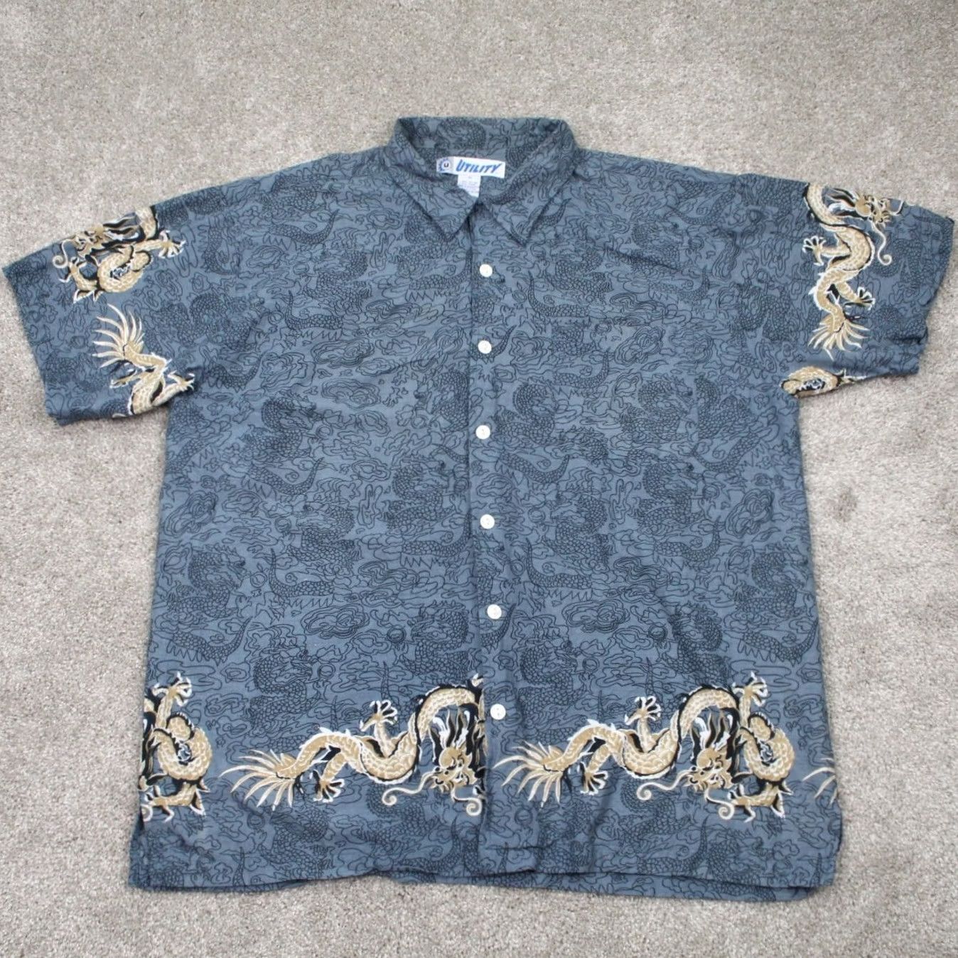 Vintage VINTAGE Utility Shirt Mens XL Blue Dragon Geometric Cotton/Rayon Short Sleeve Button Size US XL / EU 56 / 4 - 2 Thumbnail