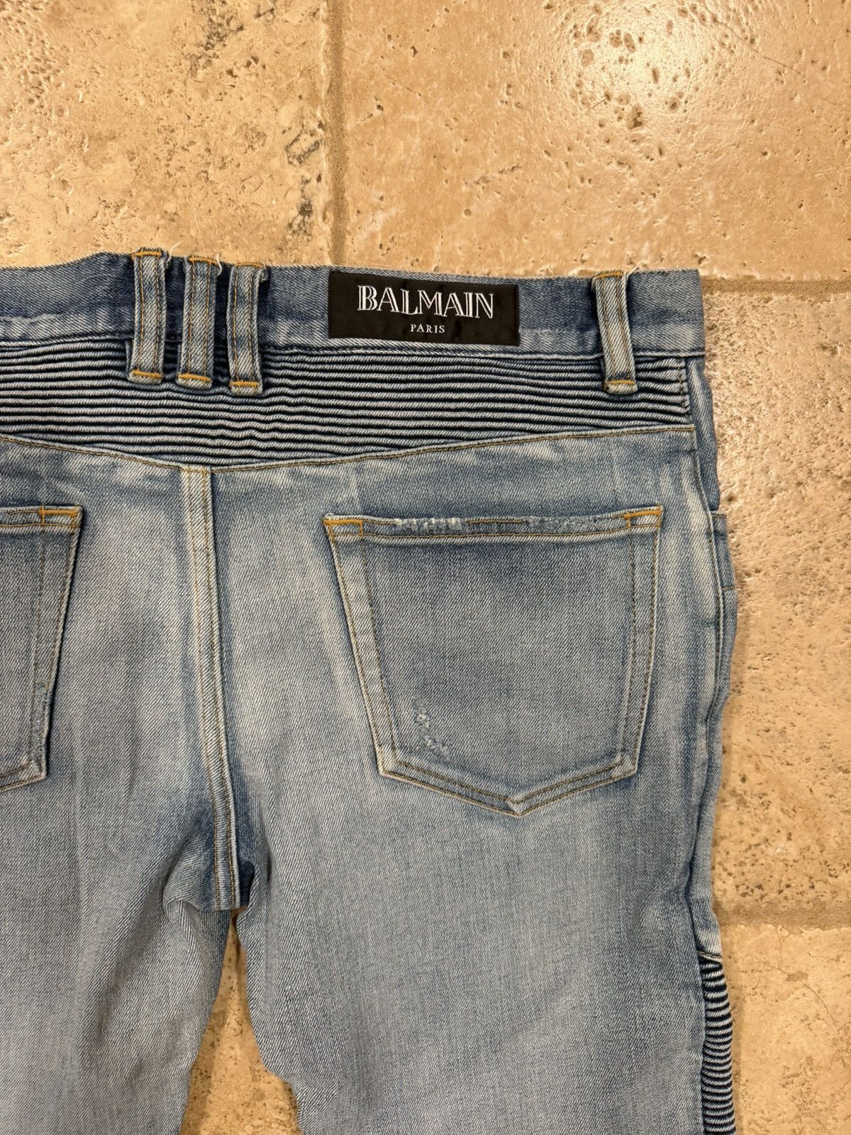 Balmain Balmain OG Biker Distressed Stone Wash Blue Denim Jeans Size US 31 - 9 Thumbnail