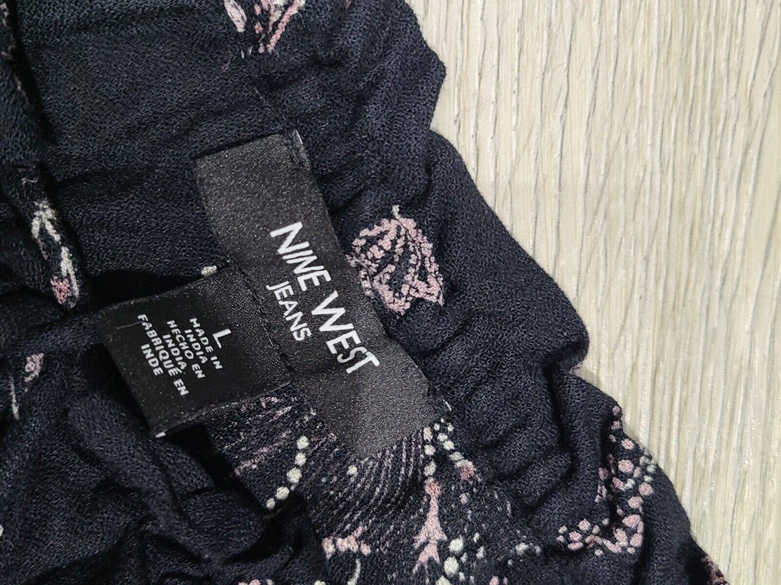 Designer Nine West Top large Boho Black Floral Blouse long sleeve Size L / US 10 / IT 46 - 3 Thumbnail
