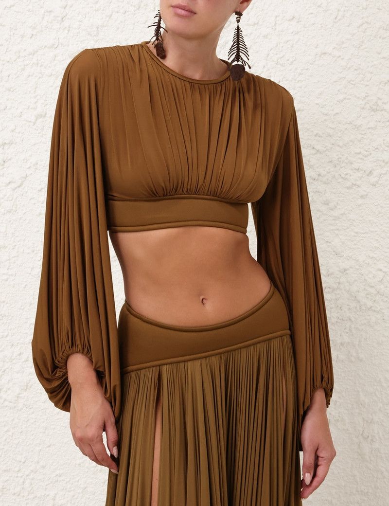 Zimmermann oc11z0226 Illuminate Batwing Bodice Crop Top in Khaki Size L / US 10 / IT 46 - 2 Thumbnail