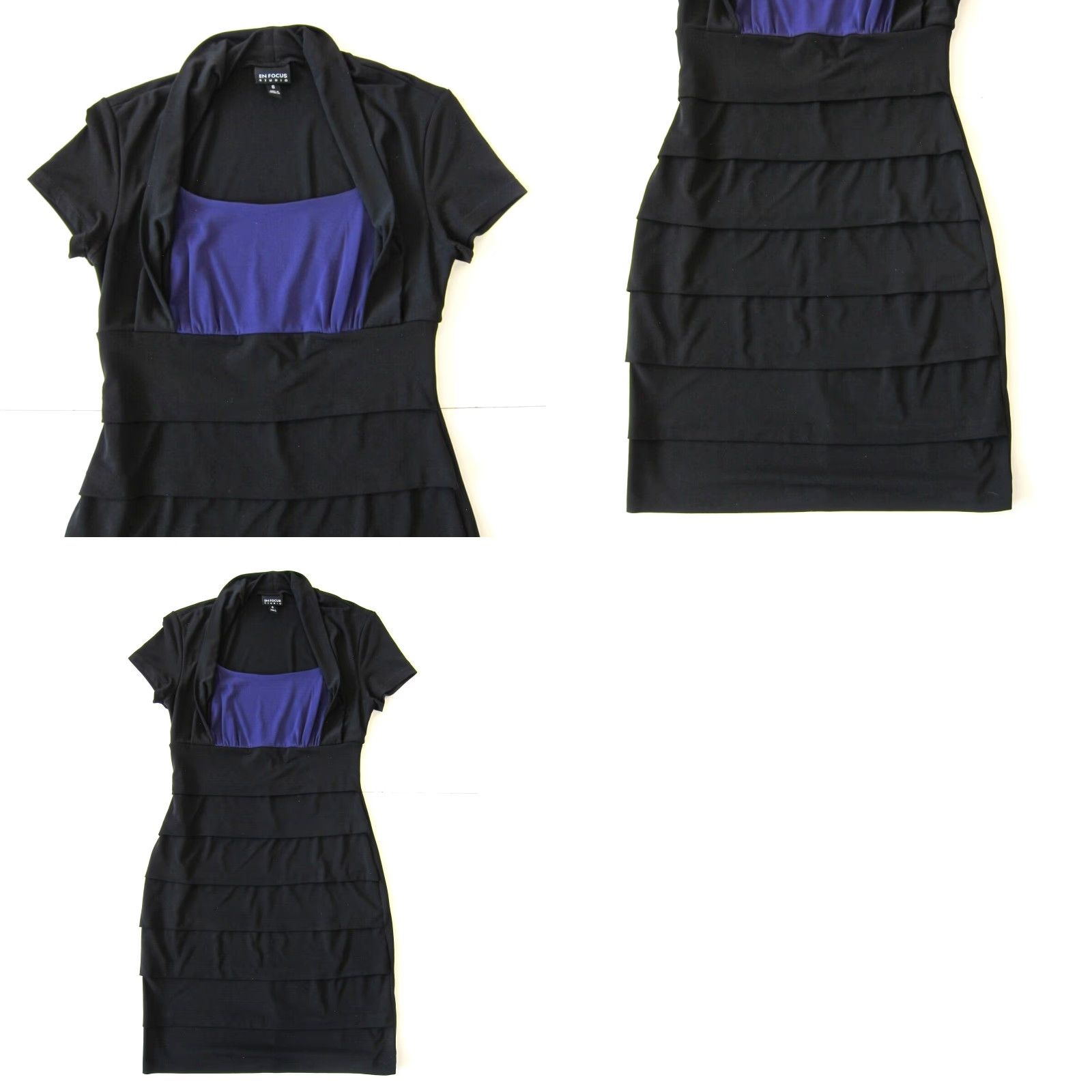 Vintage VINTAGE En Focus Studio Black Purple Stretch Pleated Short Sleeve A-Line Shift Dress 6 Size 28" / US 6 / IT 42 - 8 Thumbnail