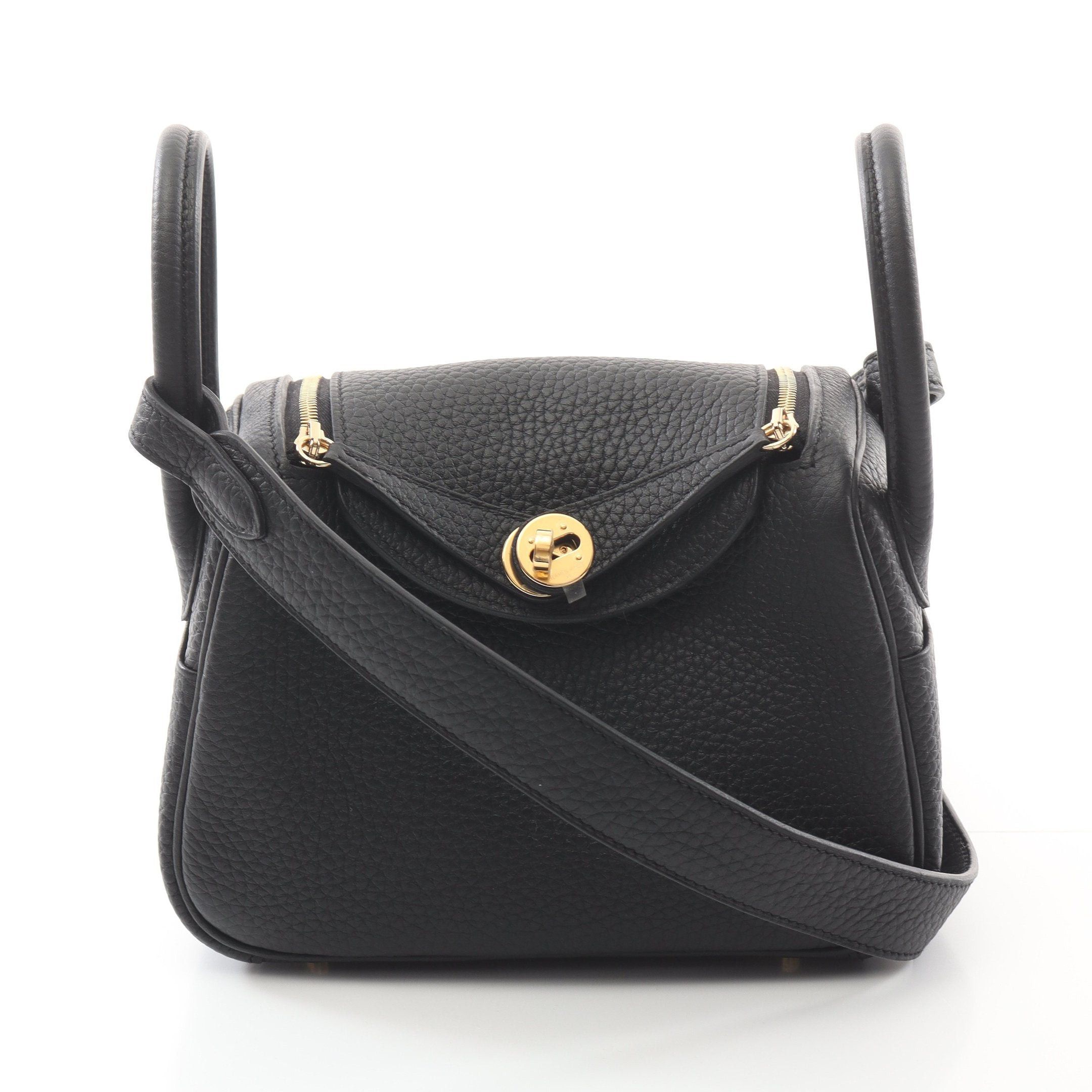 Hermes Lindy Mini Shoulder Bag Clemence Leather Black Gold Hardware Double Engraved, Women's