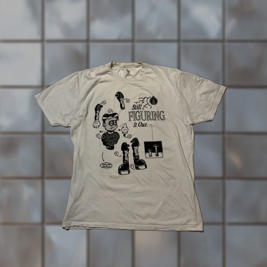 Vintage VINTAGE Lost In Los Angeles Frankenstein Still Figuring It Out Graphic S/S T-Shirt XL Mens White 50 Chest 30 Shoulder to Hem Size US XL / EU 56 / 4 - 1 Thumbnail
