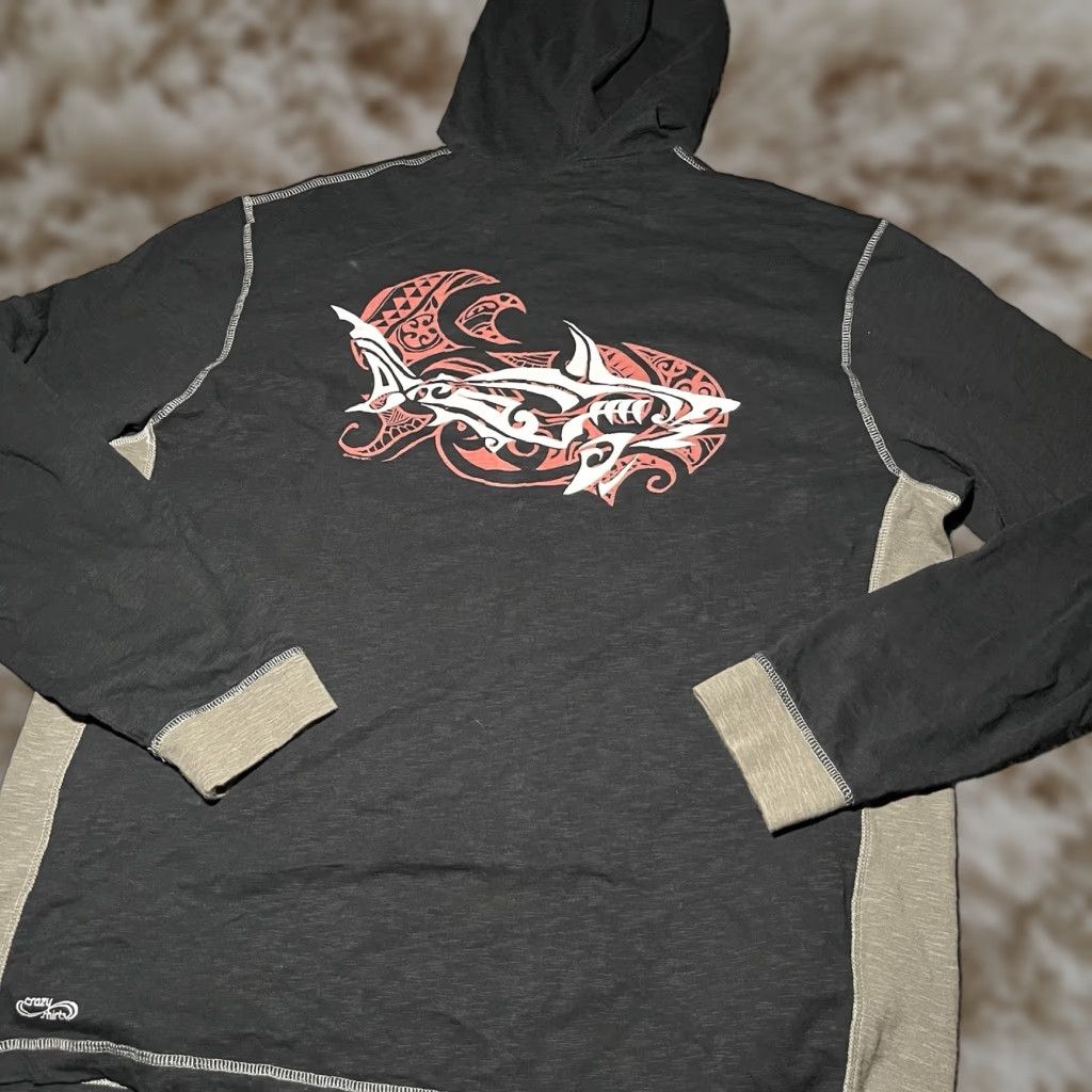 Crazy Shirts Hoodie Mens XXL Tribal Shark Hawaiian 1/4 Zip Lightweight Black