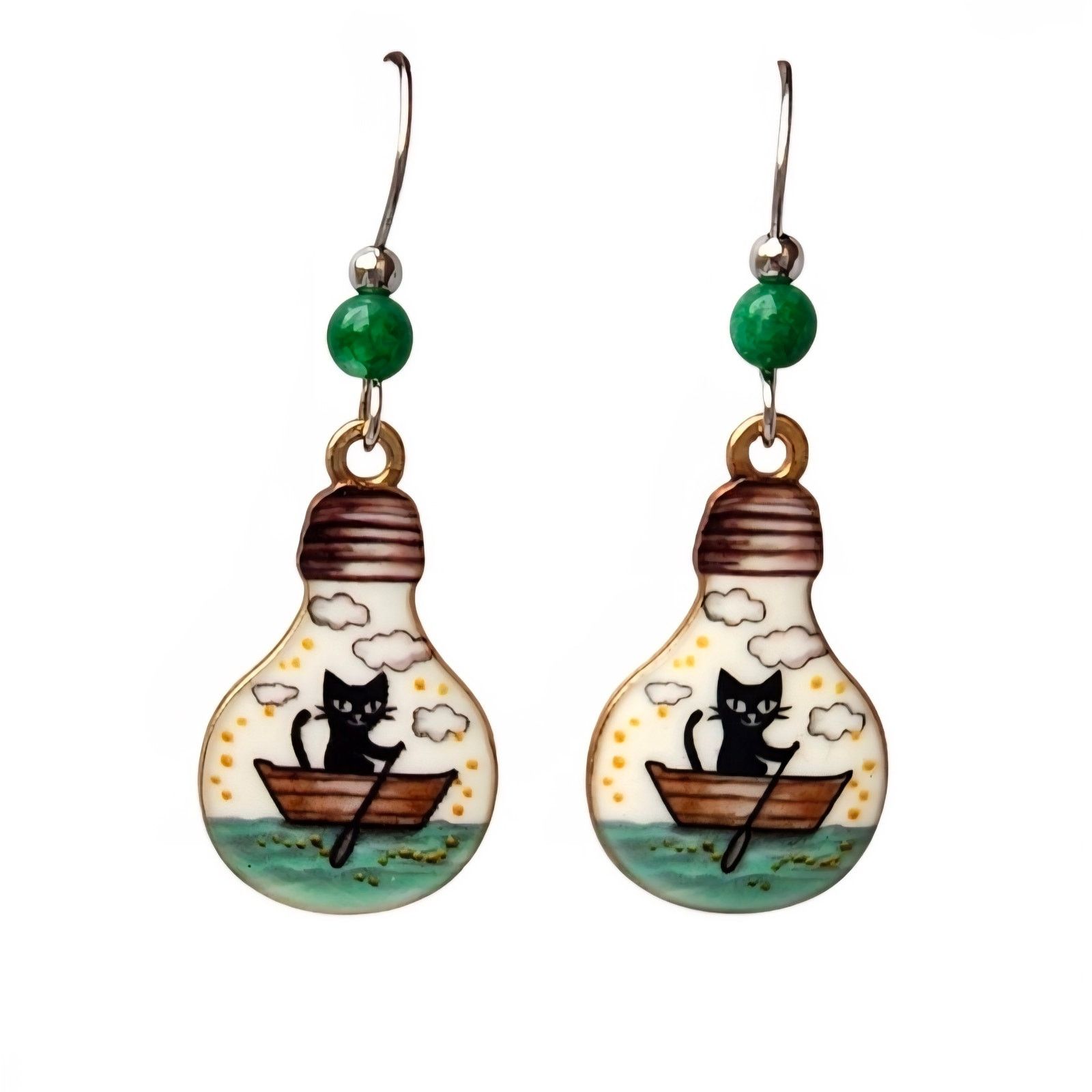 Other Cat in Boat Lightbulb Dangle Earrings Handmade Green Bead Size ONE SIZE - 1 Thumbnail
