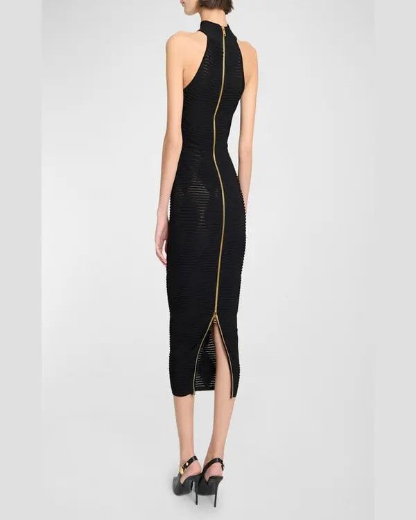Balmain o1s1wg110725 Diamond Textured Knit Midi Dress in Black Size L / US 10 / IT 46 - 5 Thumbnail