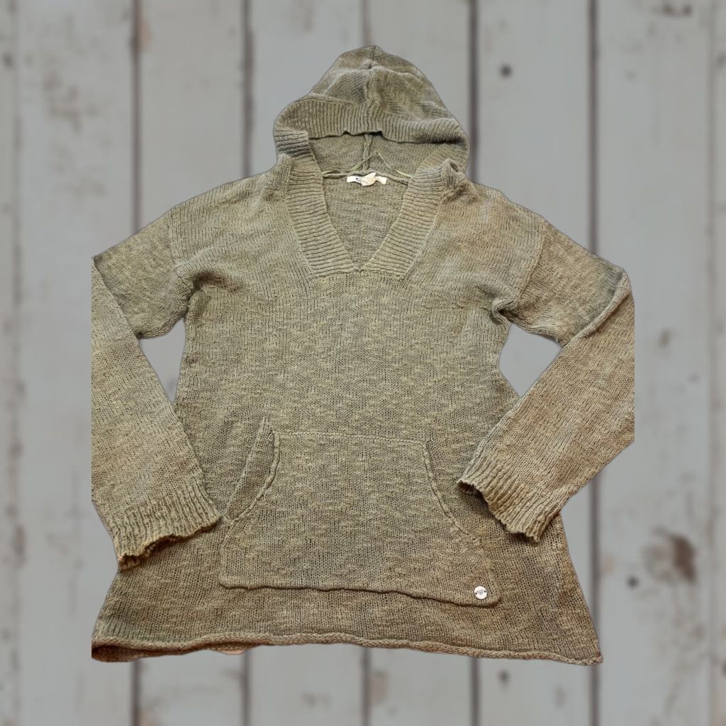 Vintage Roxy Army GREEN Hooded Sweater Knit V Neck front Pocket Slouchy Cotton Women XL Size XL / US 12-14 / IT 48-50 - 1 Thumbnail