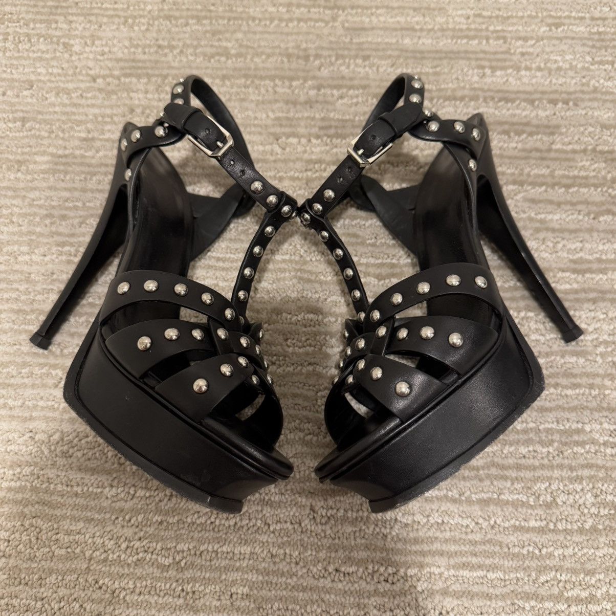 Saint Laurent Paris Saint Laurent Black Leather Studded Tribute Platform Sandals Size US 7.5 / IT 37.5 - 7 Thumbnail