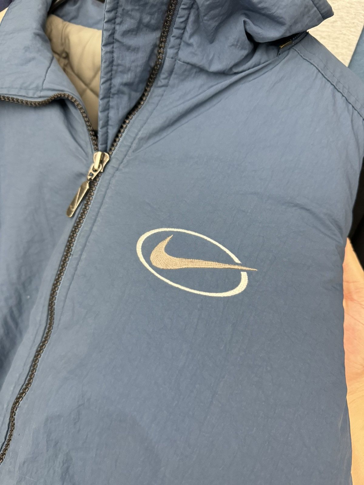 Nike × Vintage Vintage Nike Central Swoosh Bomber Jacket 90s y2k beige blue Size US M / EU 48-50 / 2 - 19 Thumbnail