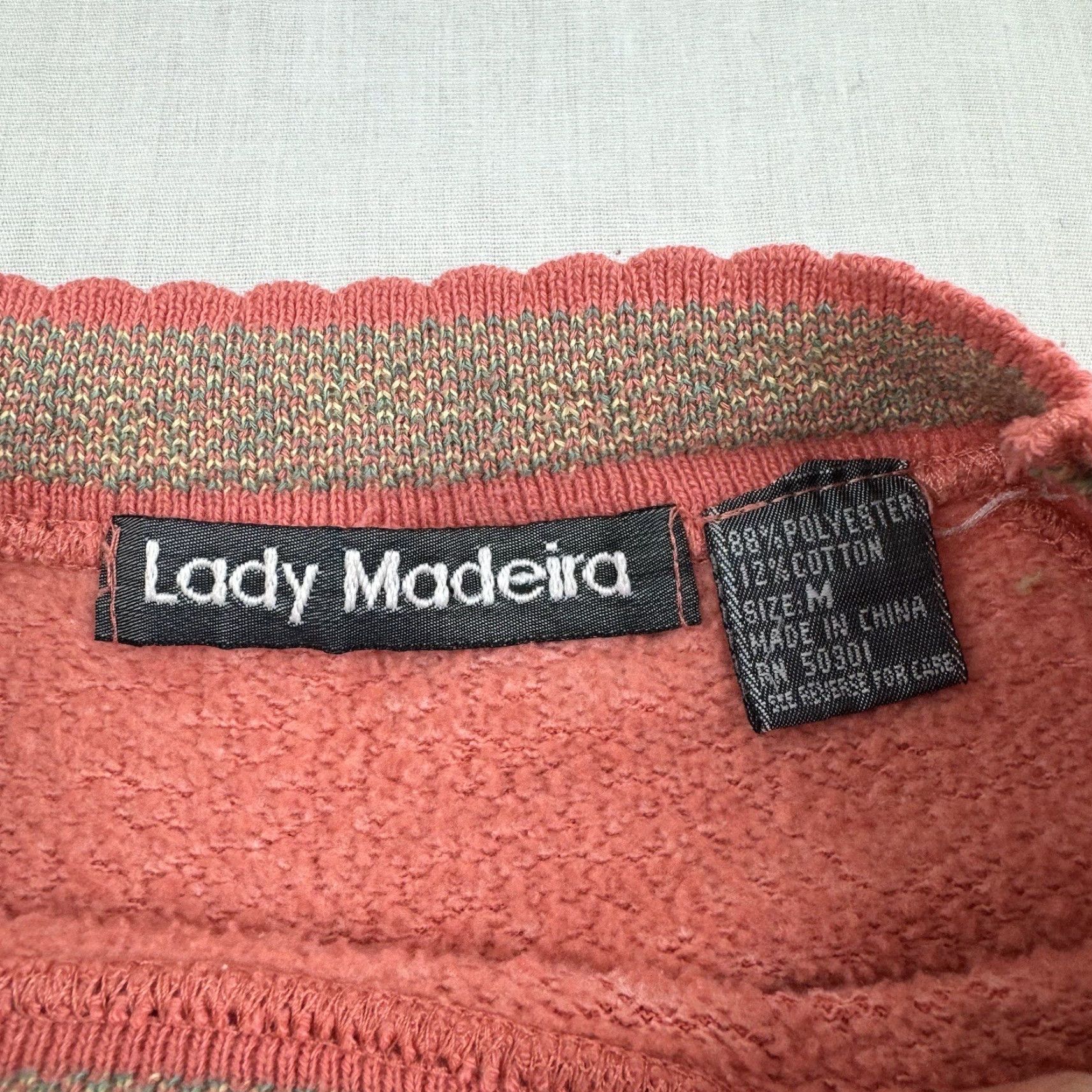 VINTAGE Madeira Sweatshirt Womens M Orange Floral 90s Lady Flower Accents Crew Neck Pullover