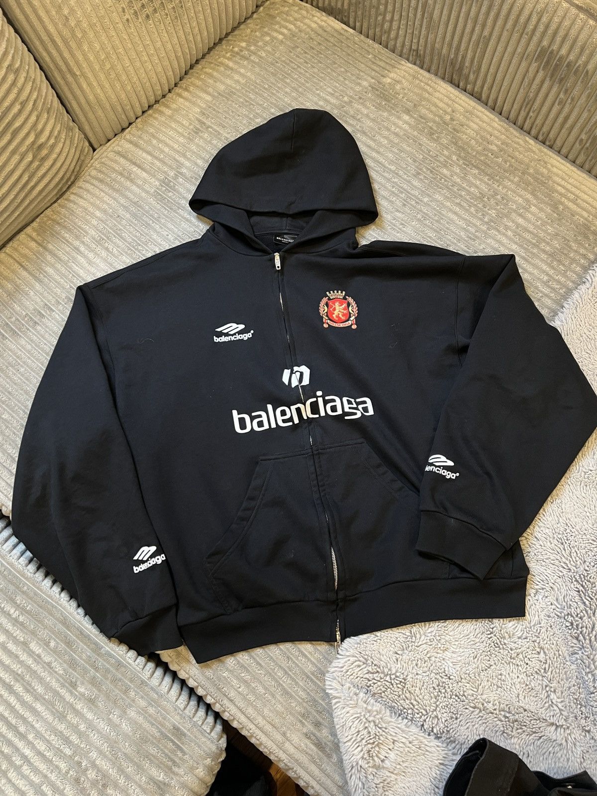 image of Balenciaga Soho Soccer Jersey Zip Up Hoodie in Black, Men's (Size Small)