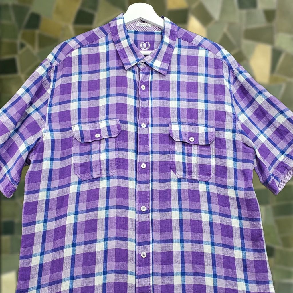 BUGATCHI Bugatchi Uomo Shaped Fit Shirt Men XL Multi Plaid Linen Short Sleeve Button-Up Shirt Size US XL / EU 56 / 4 - 1 Thumbnail