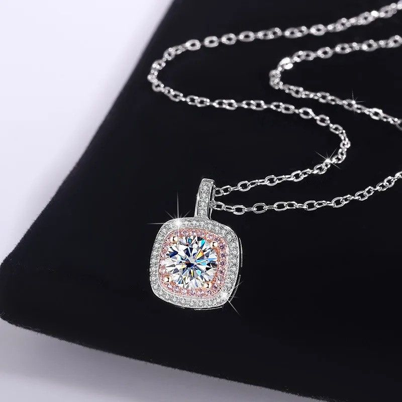 Jewelry × Sterling Silver S925 Silver Square Pendant Necklace Moissanite Light Luxury Size ONE SIZE - 4 Thumbnail
