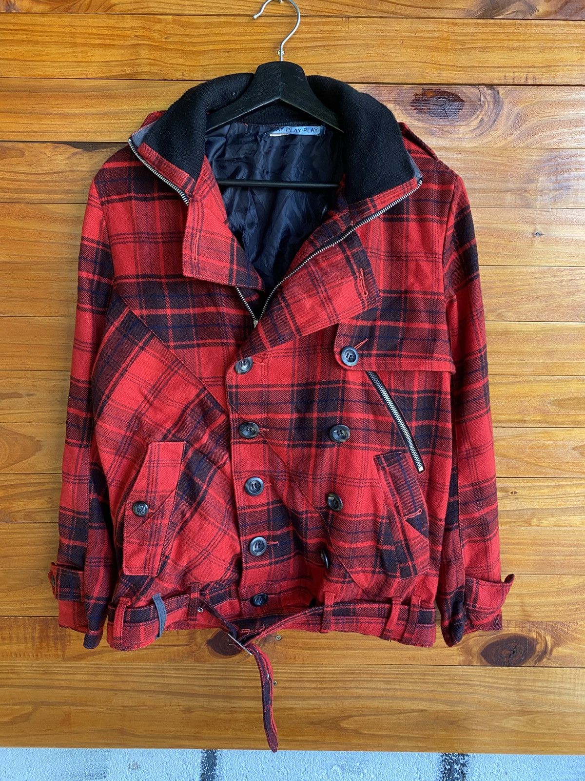 Japanese Brand Vintage 90s Play-Play-Play Red Black Plaid Wool Biker Jacket Size US M / EU 48-50 / 2 - 5 Thumbnail