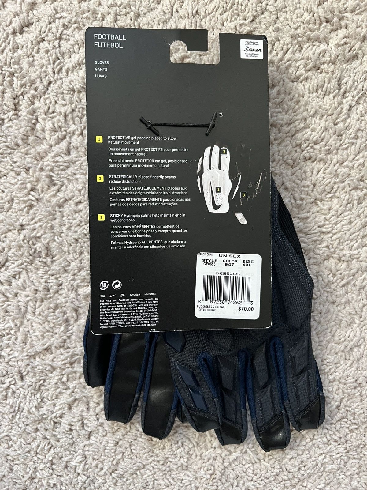 Nike Nike D-Tack 6.0 Men Navy Blue Black Lineman Football Gloves Size 34 - 2 Thumbnail