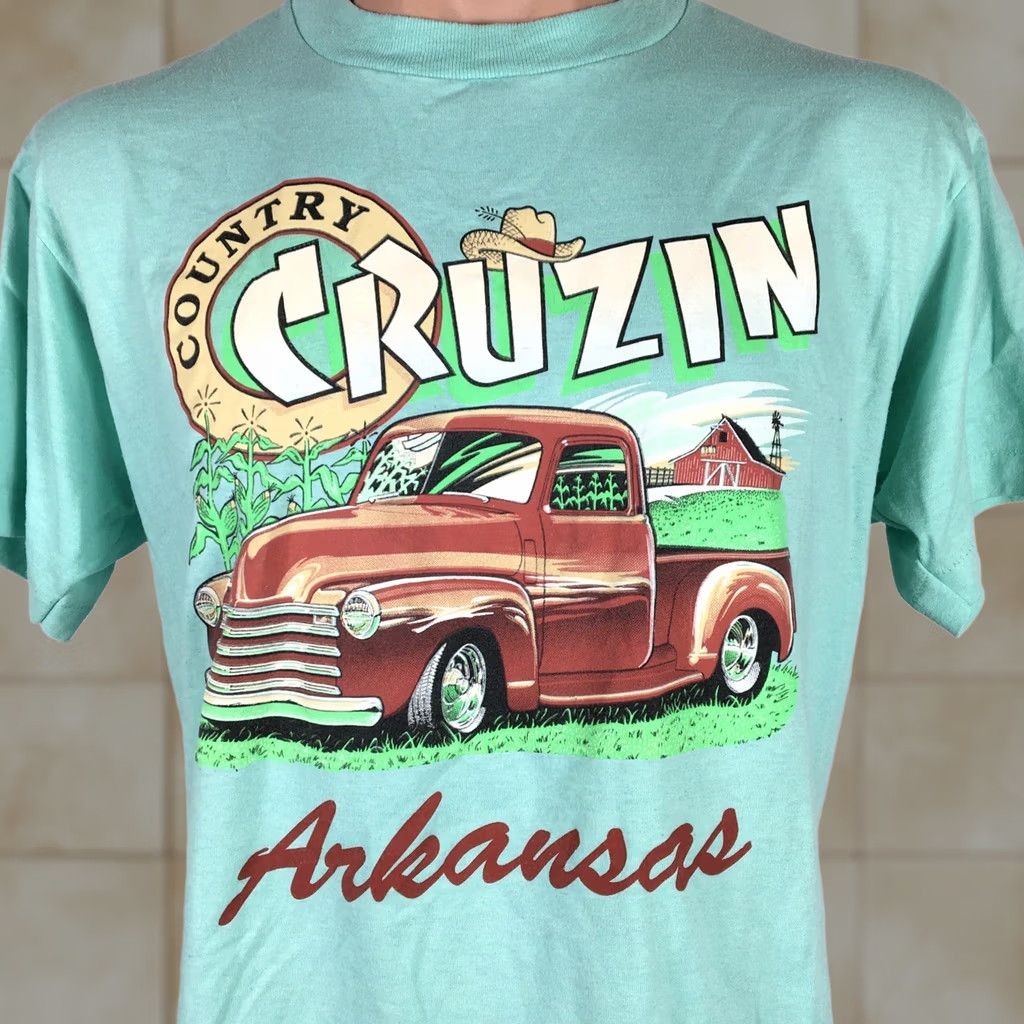 Vintage VTG 90s USA Cruzin' Arkansas Classic Truck Car Vacation T-Shirt Screen Stars Men L Green Graphic Tee Crew Neck Short Sleeve Vintage Modern Fit Shirt Size US L / EU 52-54 / 3 - 1 Thumbnail