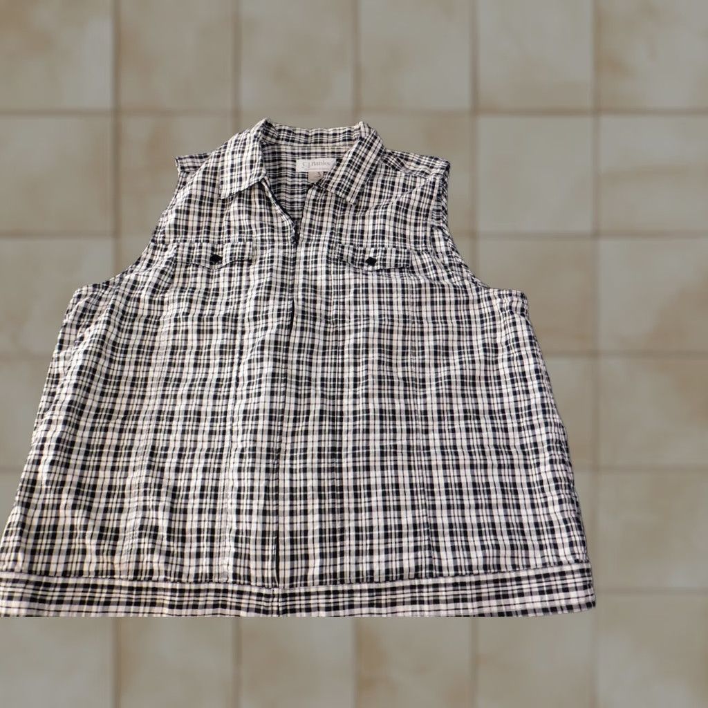 Vintage CJ Banks Blouse Shirt Women 1X Plaid Cotton Zip Round Neck Sleeveless Tunic Gray Plus Size Classic Style Size XL / US 12-14 / IT 48-50 - 1 Thumbnail
