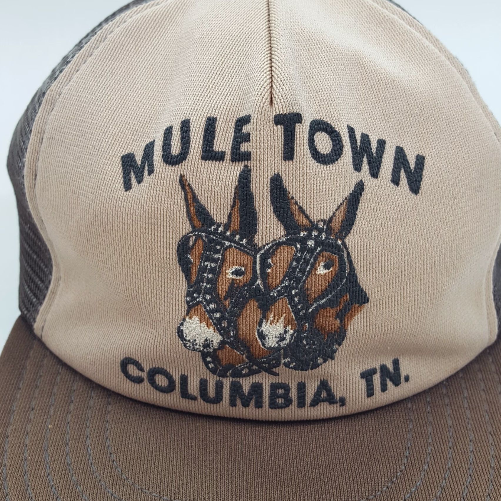 Vintage VINTAGE 80s Mule Town Tennessee Horse Trucker Hat Men Adjustable Brown USA Made Western Cap Retro Cowboy Workwear Size ONE SIZE - 2 Thumbnail