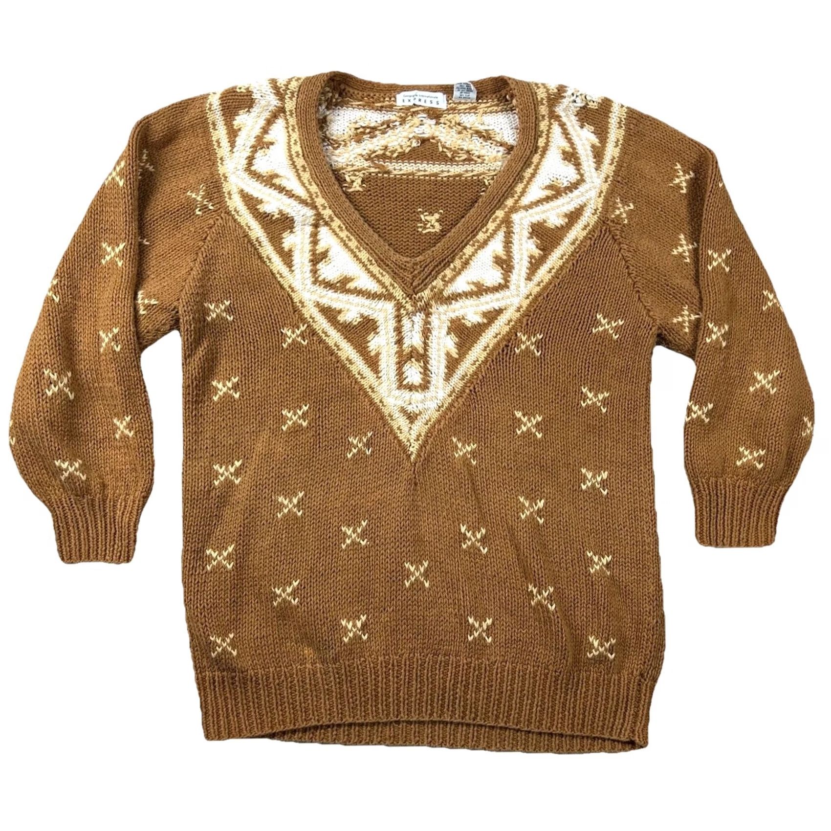 Express VINTAGE Express Womens M Fair Isle Knit Ramie Blend V Neck Sweater Tennis Granny Size M / US 6-8 / IT 42-44 - 2 Thumbnail