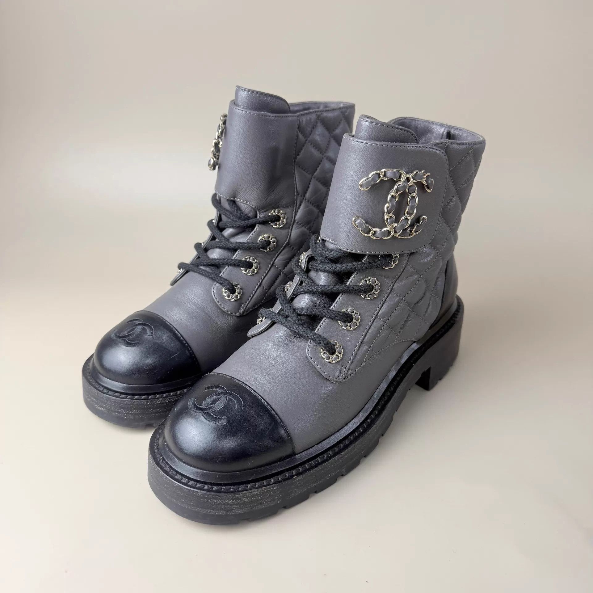 Chanel Chanel Elephant Grey Quilted Double C Short Boots Size US 5.5 / IT 35.5 - 1 Thumbnail