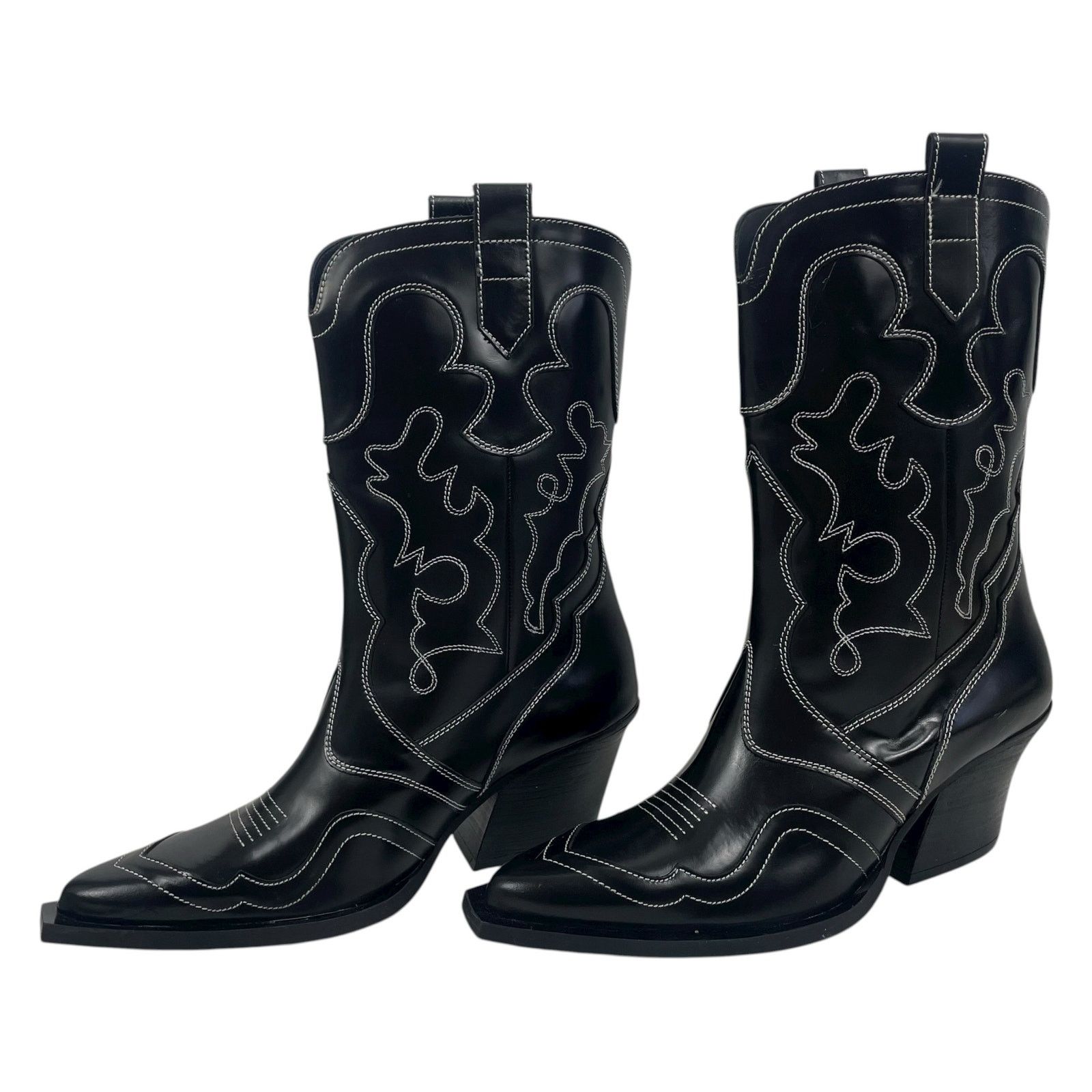 Mango Mango Leather Cowboy Ankle Boots Embroidery Black 39/ 8.5 Size US 8.5 / IT 38.5 - 8 Thumbnail
