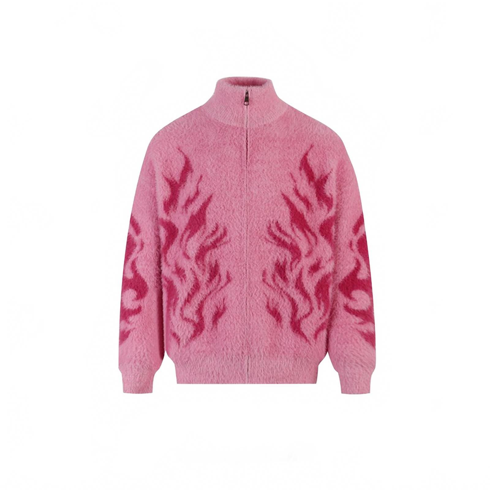 Fuzzy Flame Pattern Zip-Up Sweater