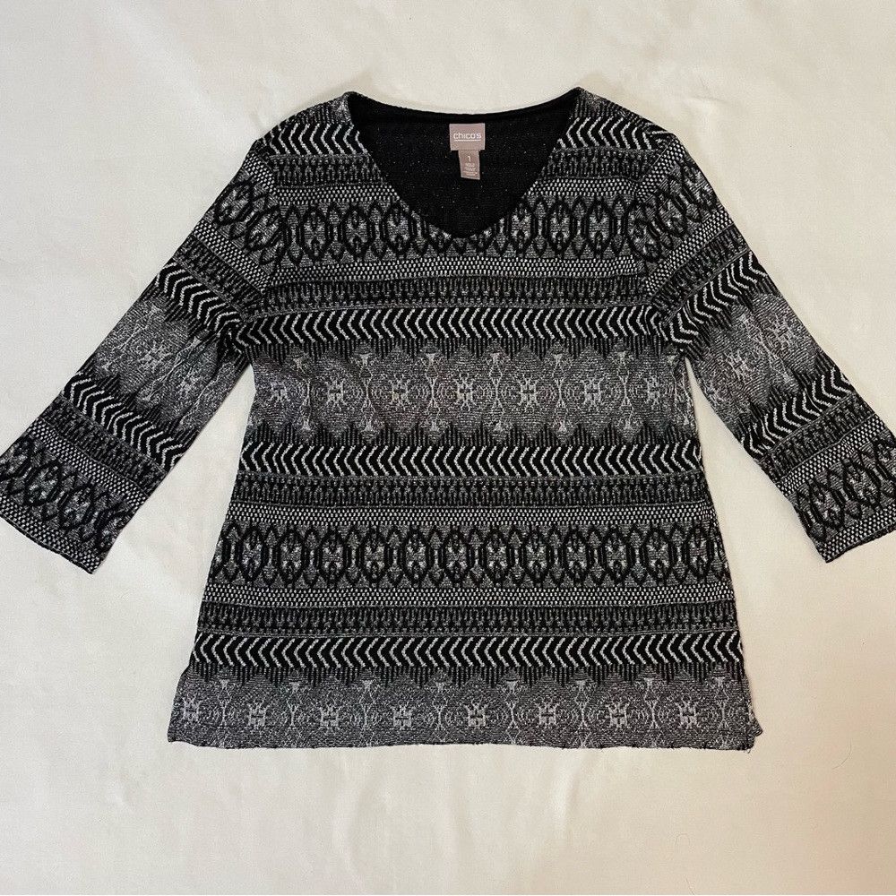 Chicos Chico's Black and Silver 3/4 Sleeve V-Neck Top Size 1 US M Size M / US 6-8 / IT 42-44 - 5 Thumbnail
