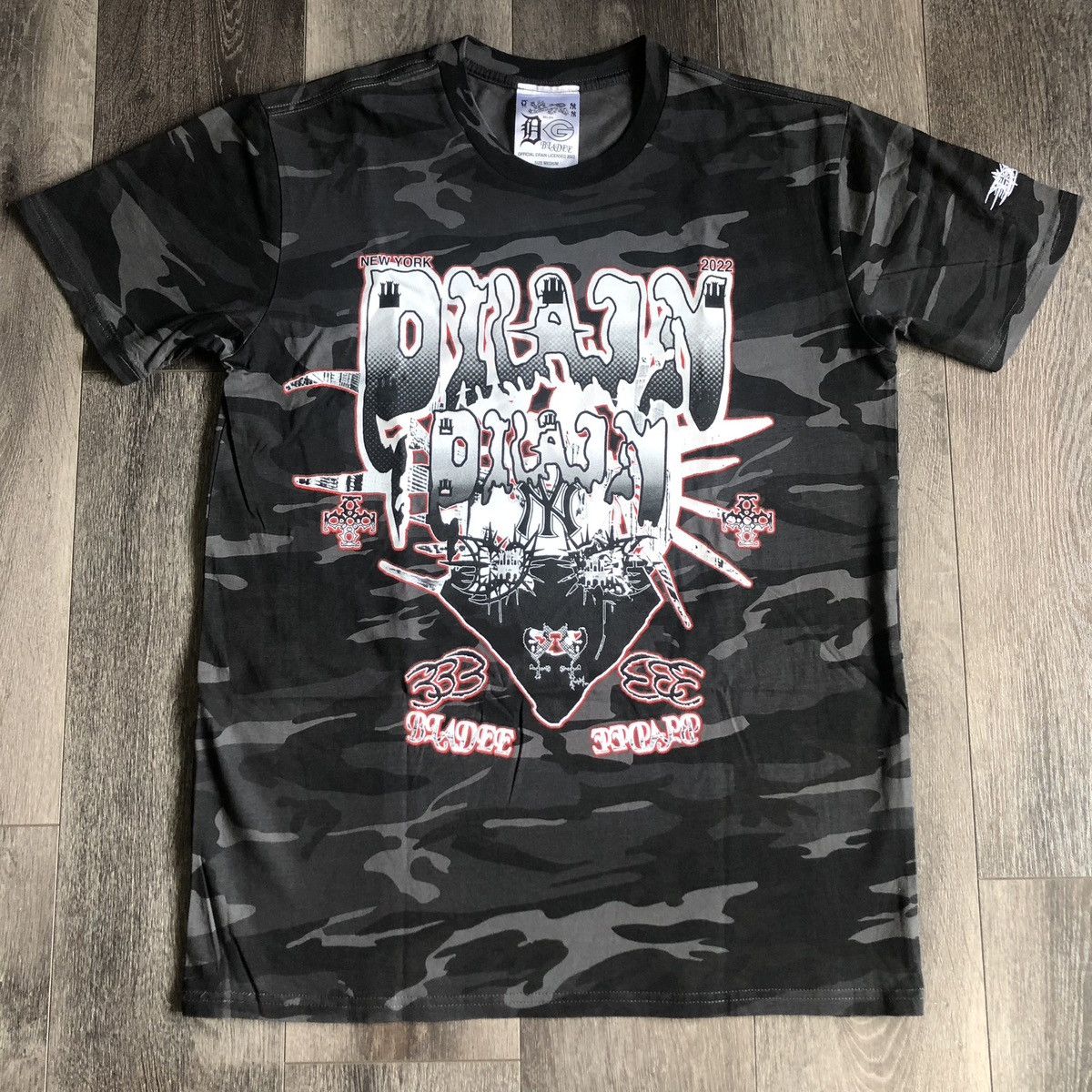 image of Bladee Drain Gang Nyc Camo Face Shield World Tour Logo Tee in Black Camo, Men's (Size Medium)