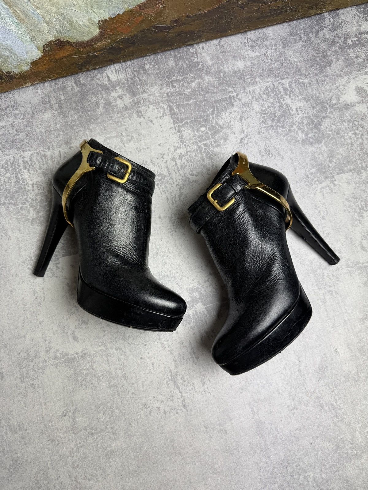 Archival Clothing x Italian Designers Prada Vintage Miu Miu Y2K Leather Heel Shoes Boots Bootie in Black, Women's (Size 9.5)
