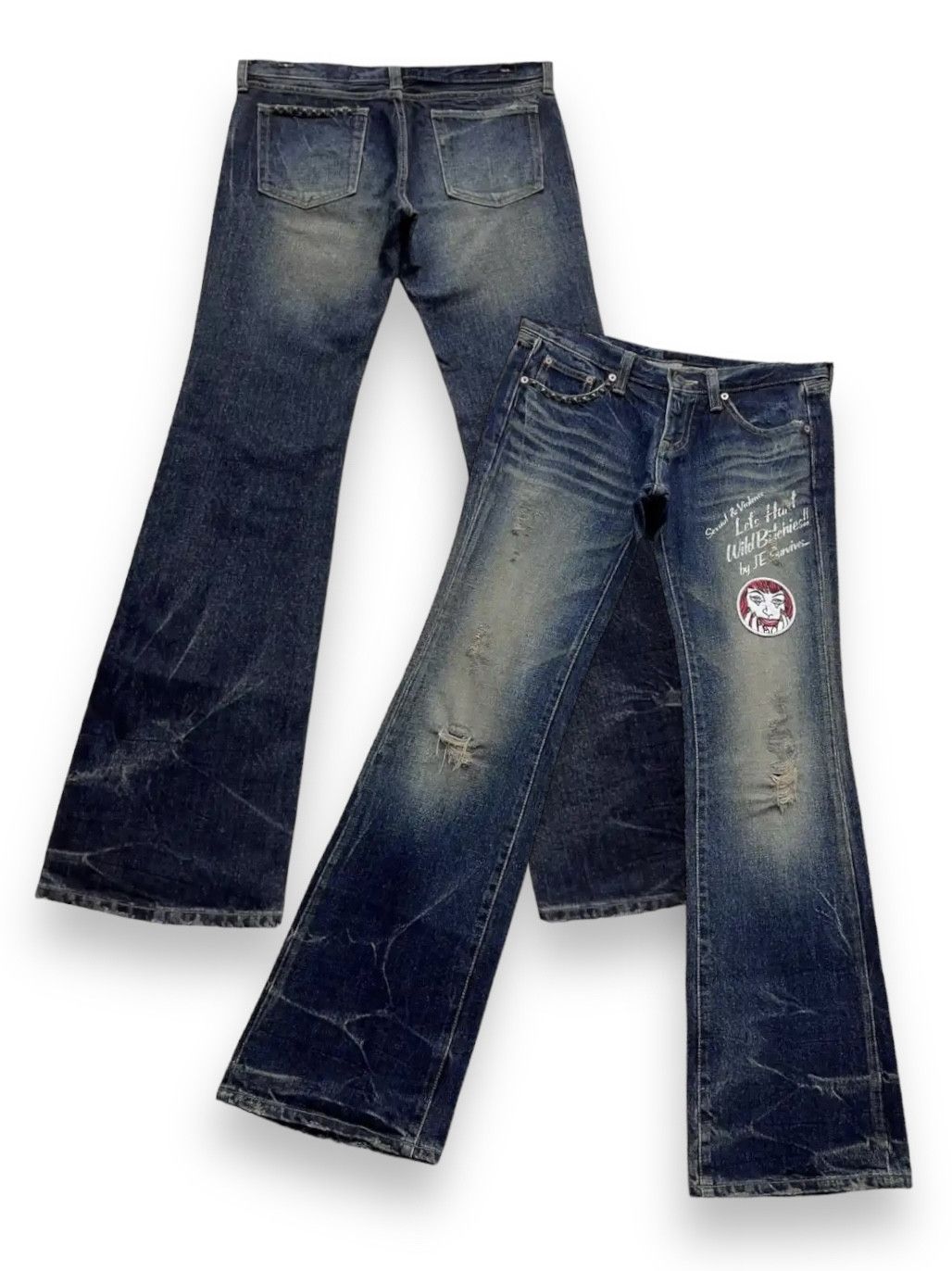 image of If Six Was Nine x Jack Rose Jackrose Ripped Distressed Punk Flare Denim Hysteric Style in Blue (Siz