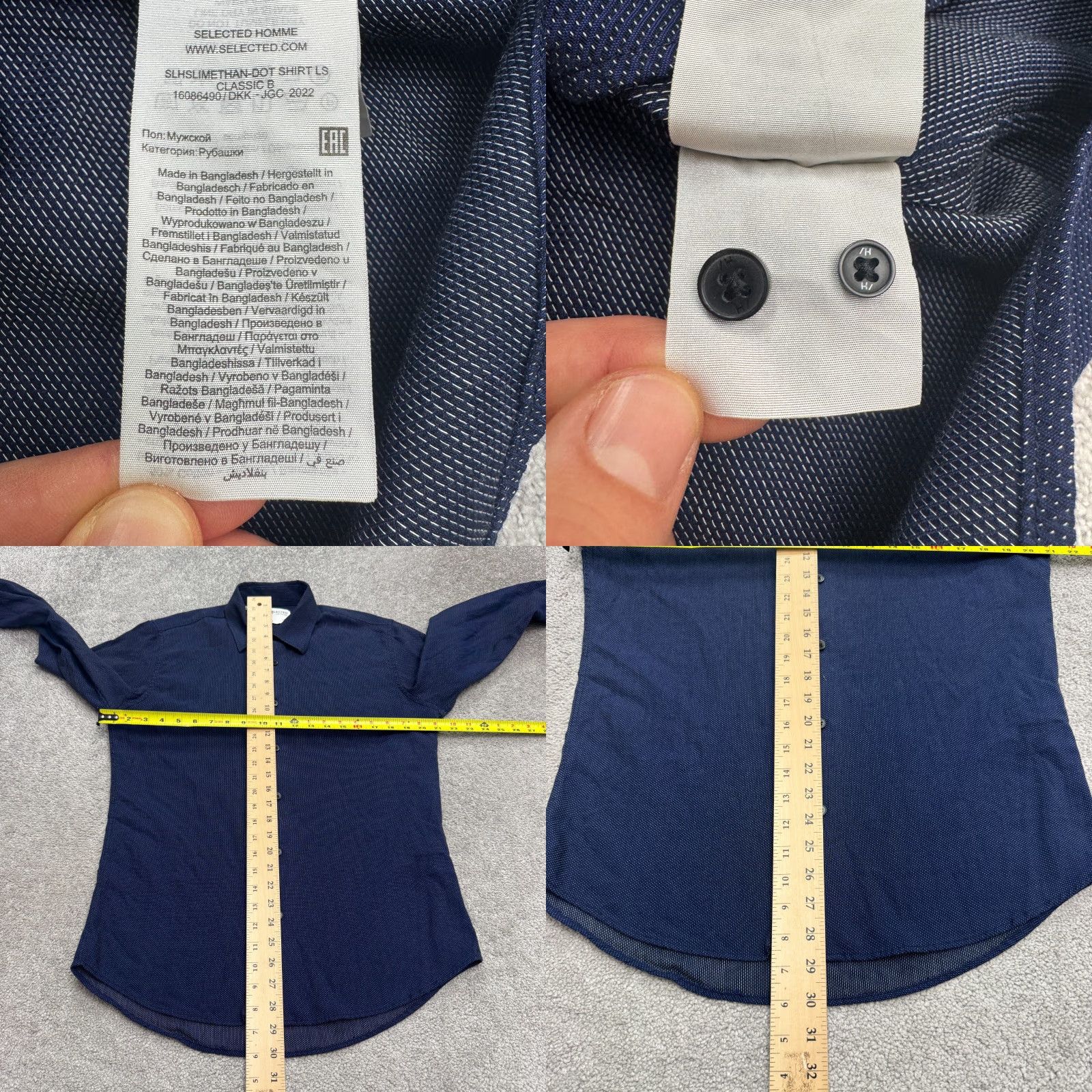Selected Homme Selected Homme Slim Fit Dress Shirt Men M 15.5 Navy Blue Micro Dot Textured Blue Polka Dot Dress Shirt Mens Slim Casual Formal Workwear 90s? Size 40R - 8 Thumbnail