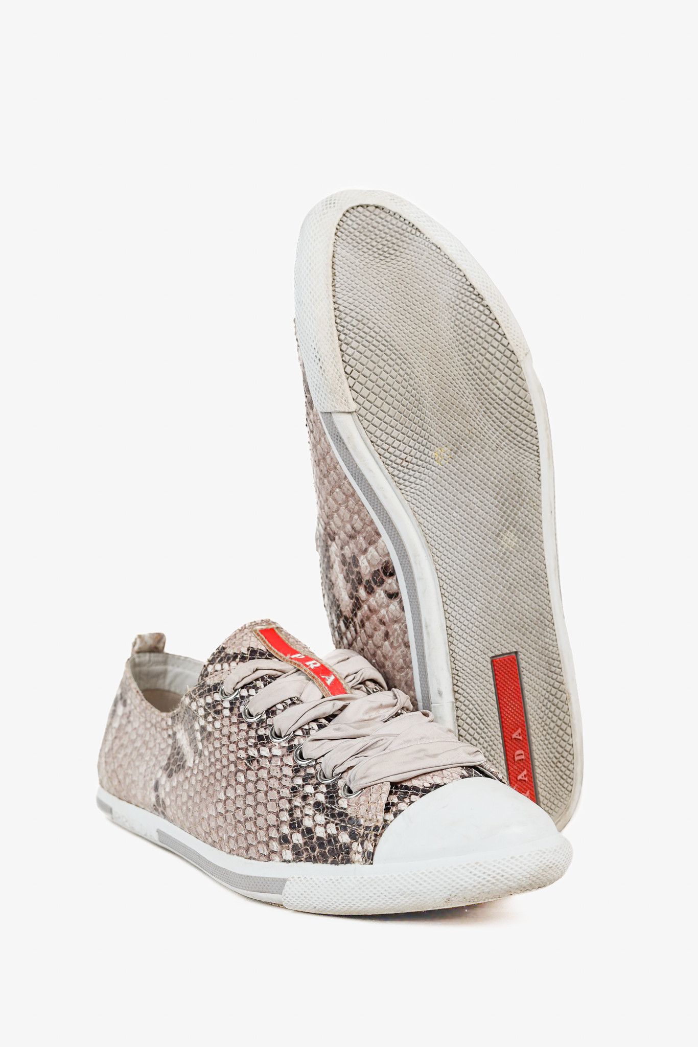 Prada Prada Red Label Taupe Snake Print Satin Ribbon Tied Sneakers Size US 7.5 / IT 37.5 - 4 Thumbnail