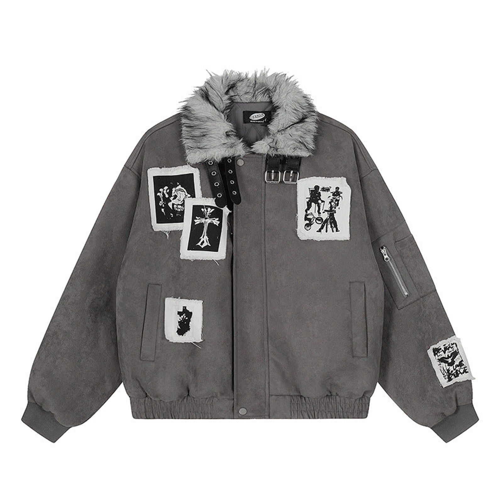 Japanese Brand Gray Faux Fur Collar Varsity Jacket with Patch Details Size US M / EU 48-50 / 2 - 1 Thumbnail