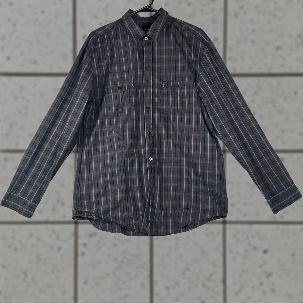 Hugo Boss HUGO BOSS Dress Shirt Plaid Gray XL Slim Fit Men's Long Sleeve Button Collared Barrel Cuff Casual Business Size 46R - 1 Thumbnail