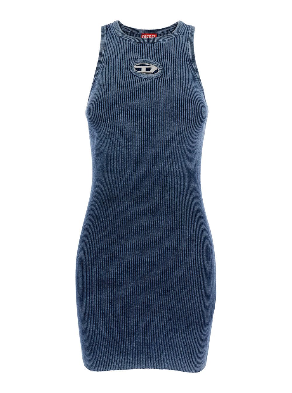 Diesel Sleeveless Crew Neck Dress with Cut-Out and Logo on the Front in Blue Ribbed Cotton for Women Size L / US 10 / IT 46 - 1 Thumbnail