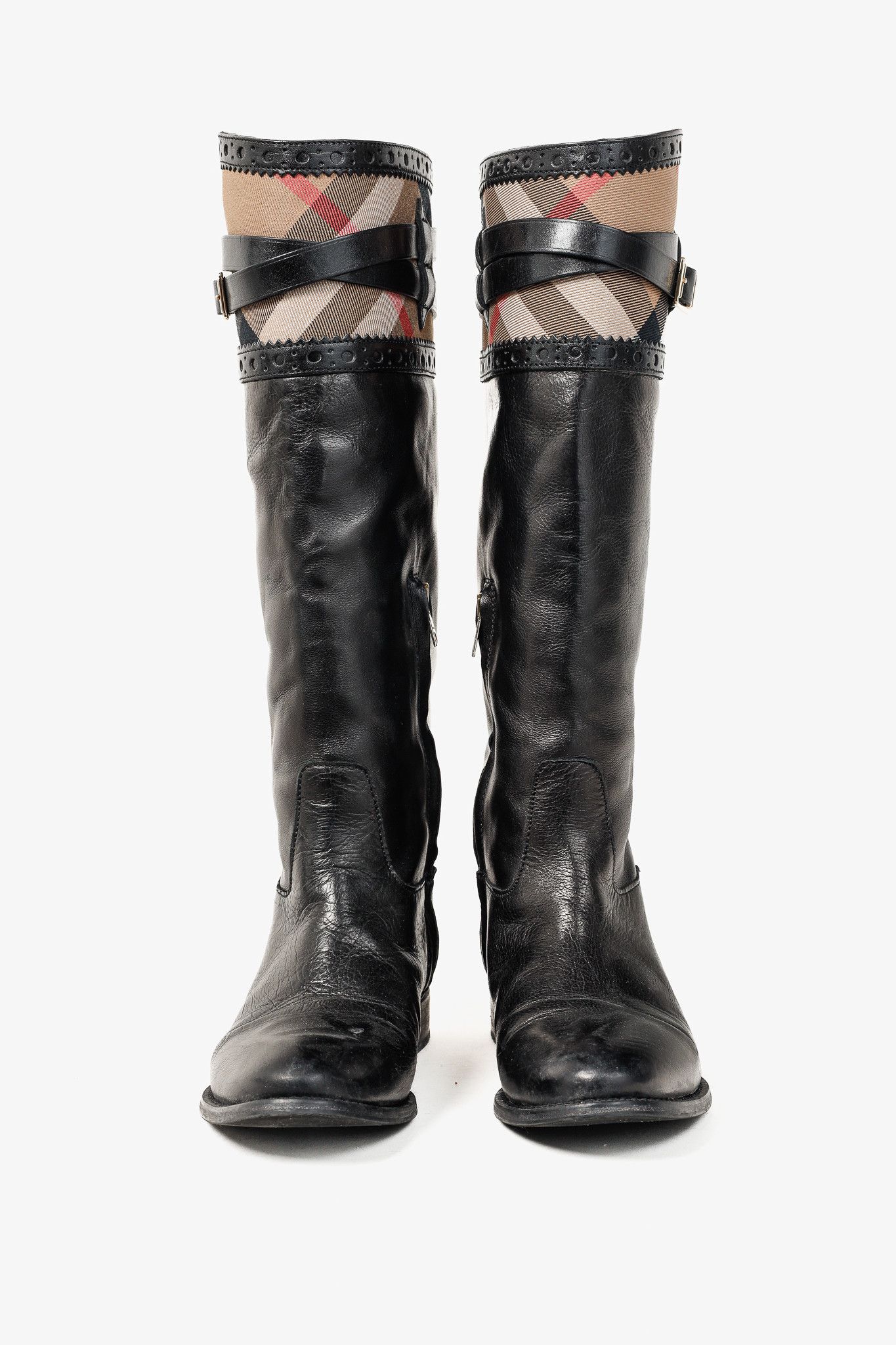 Burberry Burberry Carington Black Check Leather Riding Boots Size US 7 / IT 37 - 2 Thumbnail