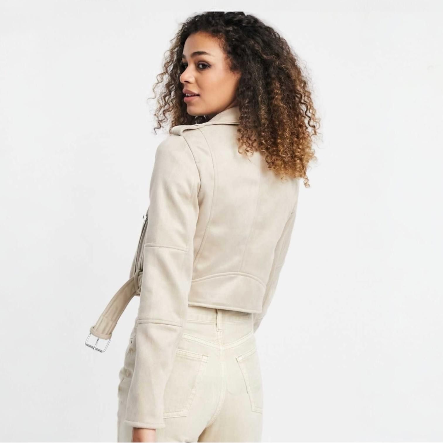 Pull & Bear Stylish Cropped Biker Jacket - Cream Color Size XS / US 0-2 / IT 36-38 - 2 Thumbnail