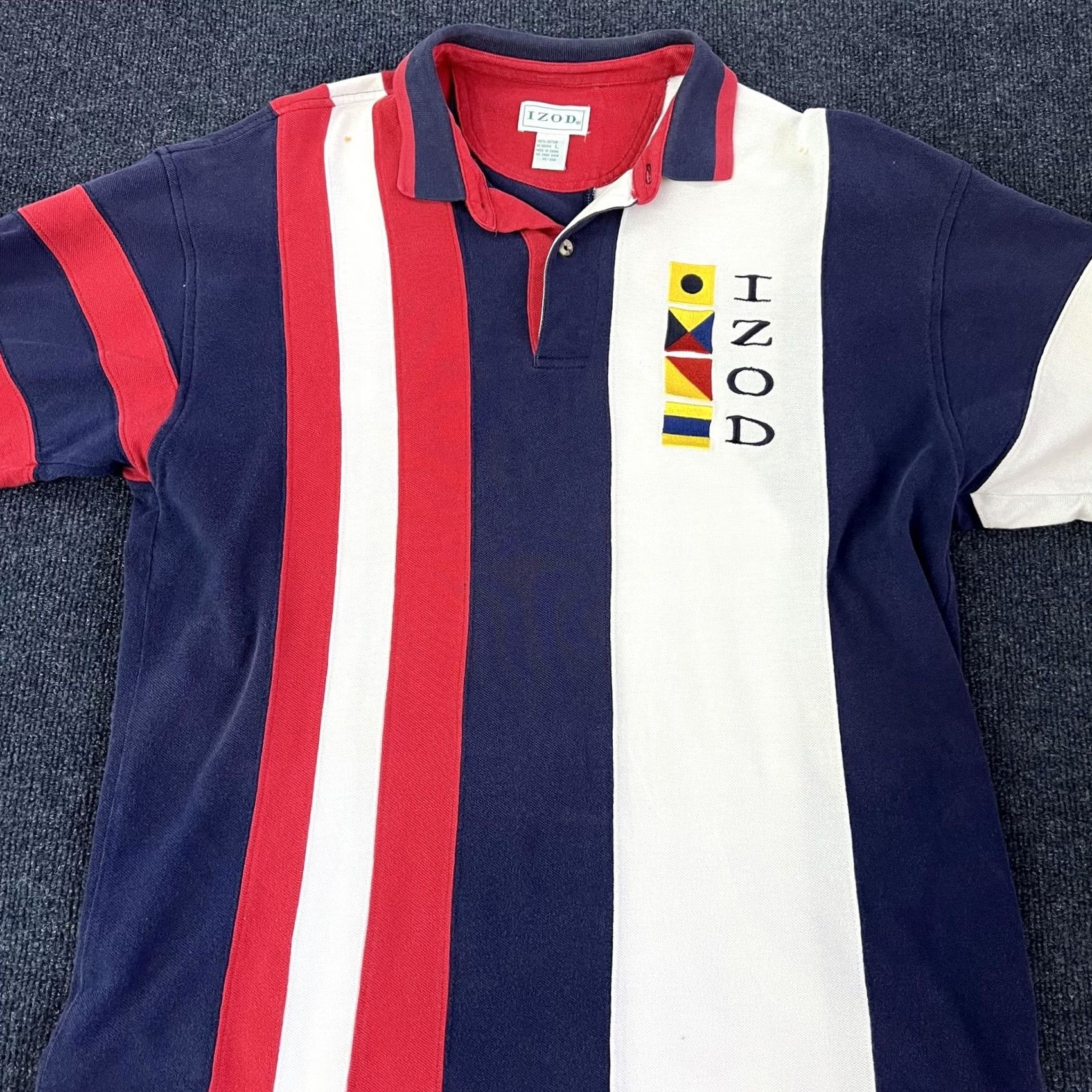 Izod VINTAGE Izod Polo Shirt Men L Navy Red White Striped Nautical Flag Embroidered Logo 100% Cotton Size US L / EU 52-54 / 3 - 2 Thumbnail