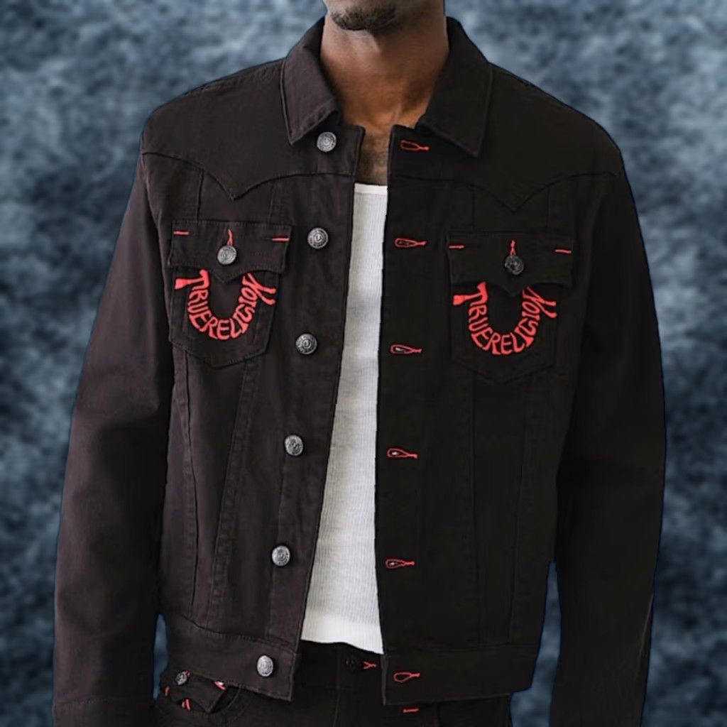 True Religion Black Denim Trucker Jacket Men's Size L Embroidered