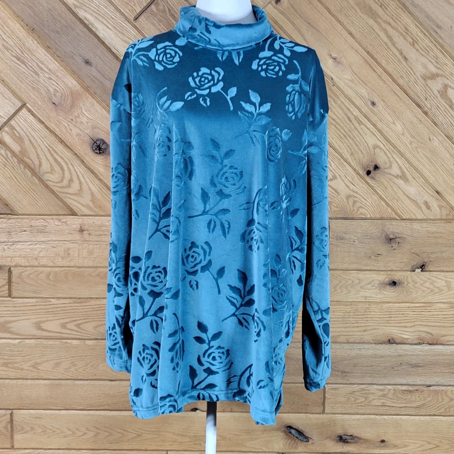 Vintage Lane Bryant Designs Women's Blouse Shirt Mock Neck Floral Teal 18/20 Plus Size Womens Size XXL / US 16-18 / IT 52-54 - 2 Thumbnail