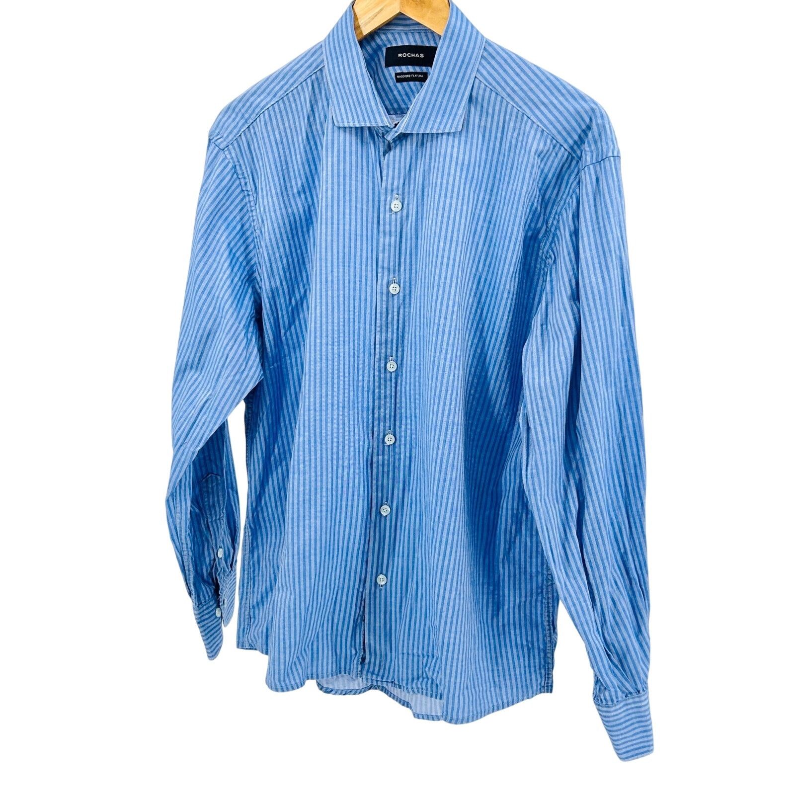 Rochas Blue White Thin Striped Cotton Button Down Dress Shirt Size US L / EU 52-54 / 3 - 1 Thumbnail