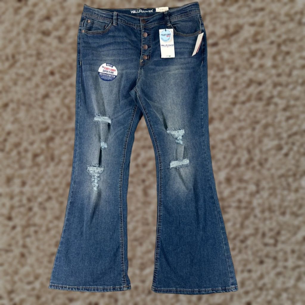 Vintage VINTAGE Wallflower Jeans Women's Flared Denim Pants 13 Blue Distressed Stretch 70s Boho Girls Size 34" / US 12 / IT 48 - 1 Thumbnail