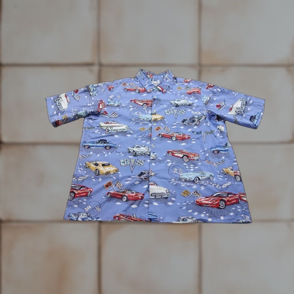 Reyn Spooner Button-Up Shirt Mens XL Blue Short Sleeve Collared Cotton Corvette